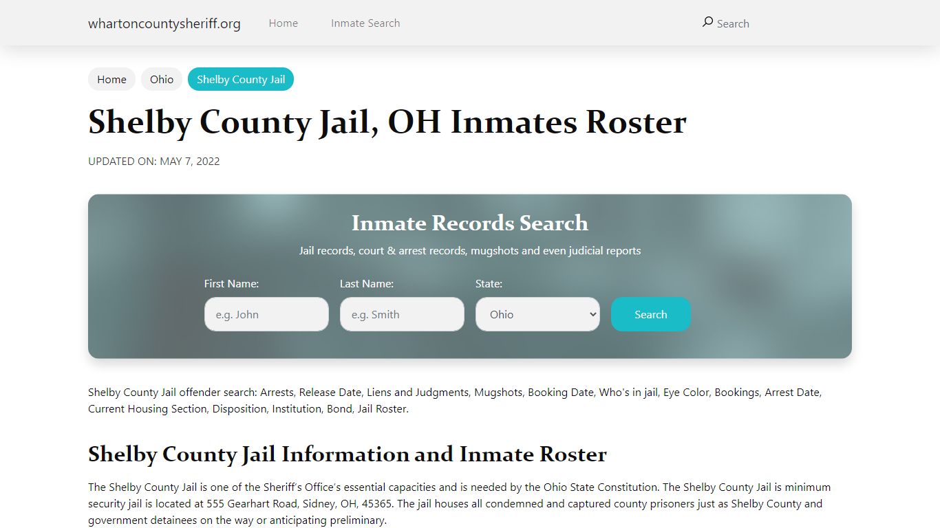 Shelby County Jail, OH Jail Roster, Name Search